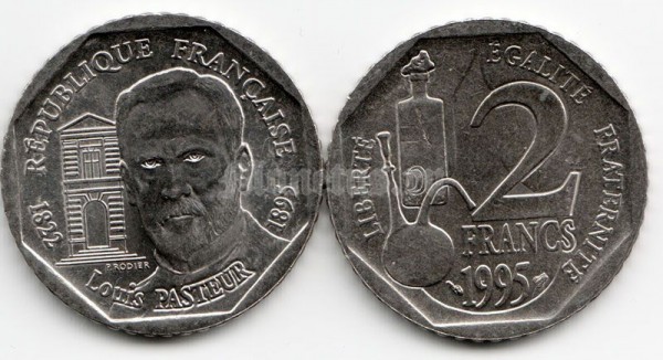 монета Франция 2 франка 1995 год Луи Пастер