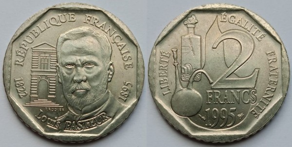 монета Франция 2 франка 1995 год Луи Пастер