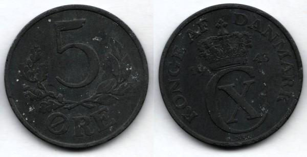 монета Дания 5 эре 1943 год