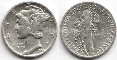 монета США 10 центов (1 дайм) 1944 год - Mercury Dime