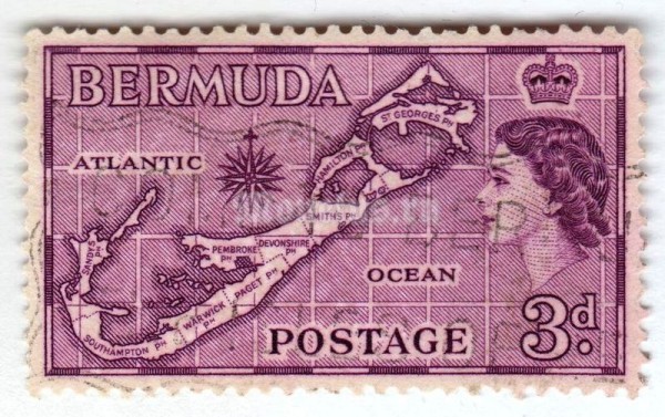 марка Бермудские острова 3 пенни "Map of Bermuda" 1953 год Гашение