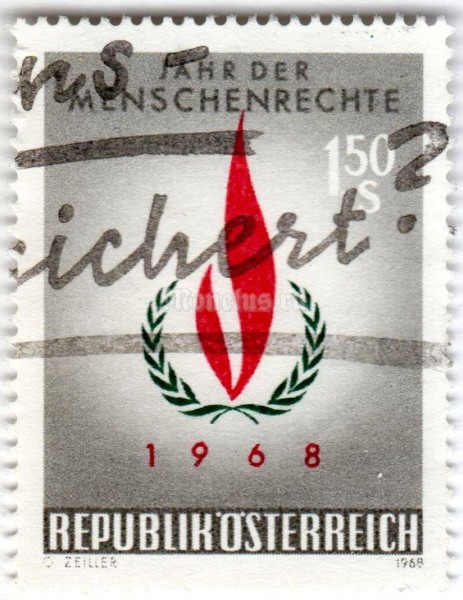 марка Австрия 1,50 шиллинга "Laurel Branch & Flames; UN Badge of Human Rights" 1968 год Гашение