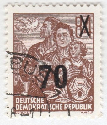 марка ГДР 70 пфенниг "Definitives overprinted" 1954 год Гашение