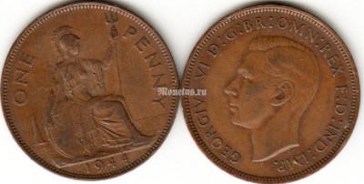 монета Великобритания 1 пенни 1944 год