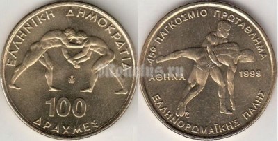 монета Греция 100 драхм 1999 год борцы