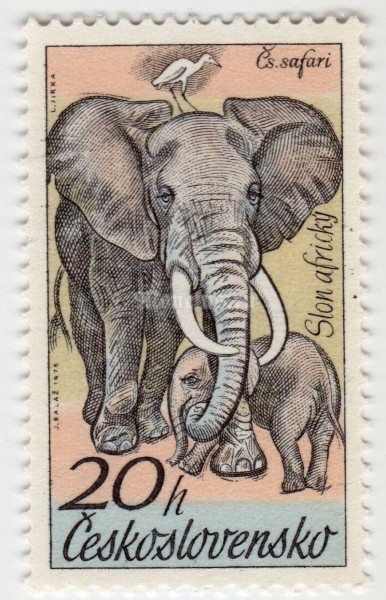 марка Чехословакия 20 геллер "African Elephant (Loxodonta africana)" 1976 год