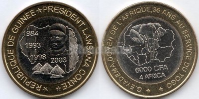 Монета Гвинея 4 африка/6000 франков 2003 год - Лансана Конте