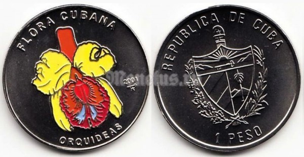монета Куба 1 песо 2001 год - Жёлтая орхидея. Цветная эмаль