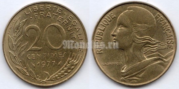 монета Франция 20 сантимов 1977 год
