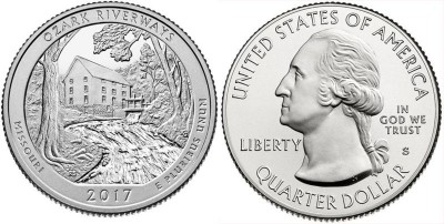 монета США 25 центов 2017 год Озарк (национальные водные пути) Миссури, 38-й