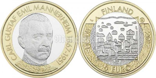монета Финляндия 5 евро 2017 год Карл Густав Эмиль Маннергейм — шестой президент Финляндии