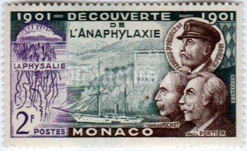 марка Монако 2 франка "Hirondelle II, Richet, Portier, Prince Albert I" 1953 год