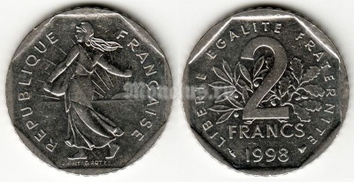 монета Франция 2 франка 1998 год