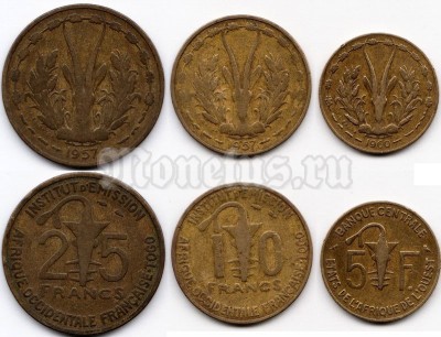 Французская Западная Африка набор из 3-х монет 5, 10, 25 франков 1957 - 1960 год