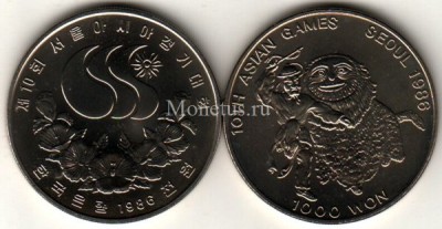 монета Южная Корея 1000 вон 1986 год "10 азиатские игры 1986 года в Сеуле"