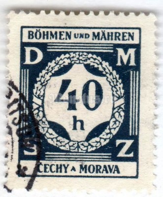 марка Богемия и Моравия 40 геллер "Value in a laurel wreath" 1941 год Гашение