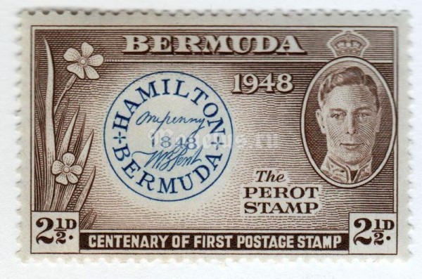 марка Бермудские острова 2 1/2 пенни "Postmaster stamp of 1848" 1949 год 