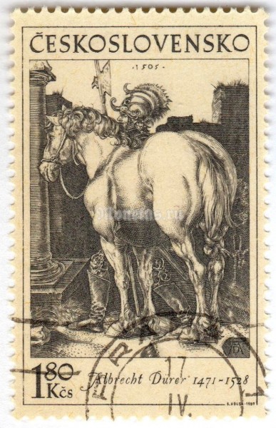 марка Чехословакия 1,80 кроны "Horse and Soldier, by Albrecht Durer (1505)" 1969 год Гашение