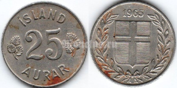 монета Исландия 25 эйре 1965 год