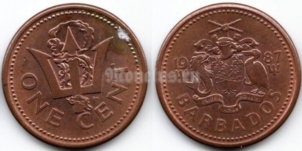 монета Барбадос 1 цент 1987 год