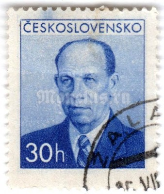 марка Чехословакия 30 геллер "Antonín Zápotocký (1884-1957), president" 1953 год Гашение