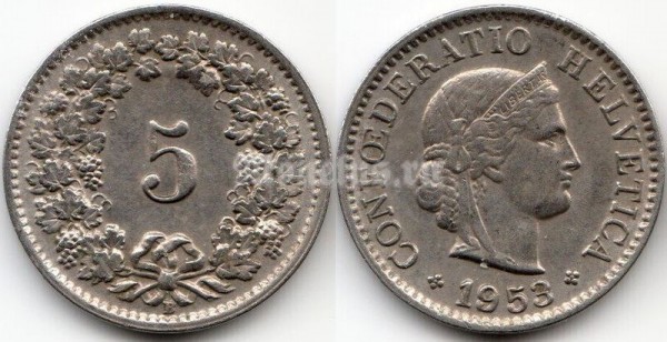 монета Швейцария 5 раппенов 1953 год