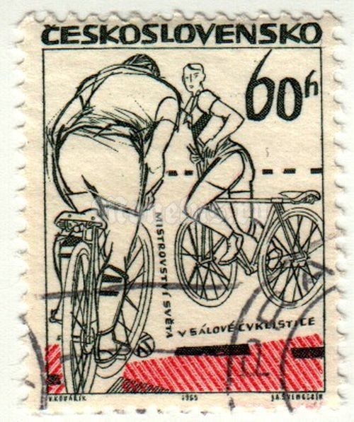 марка Чехословакия 60 геллер "Чемпионат мира в помещении на велосипеде, Прага" 1965 год