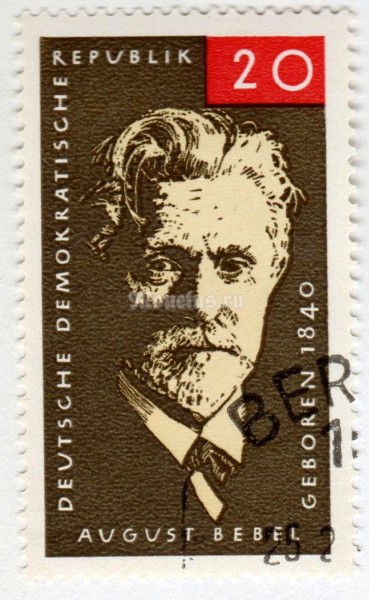 марка ГДР 20 пфенниг "August Bebel (1840-1913), Social Democratic Party leader" 1965 год Гашение