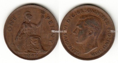 монета Великобритания 1 пенни 1945 год