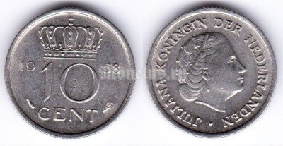 монета Нидерланды 10 центов 1958 год