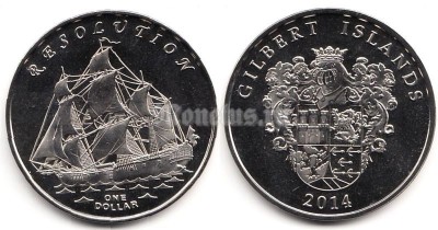 Монета Острова Гилберта 1 доллар 2014 год Шлюп Королевского флота Великобритании Resolution