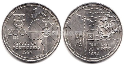 монета Португалия 200 эскудо 1994 год PARTILHO DO MUNDO