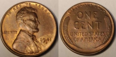 монета США 1 цент 1941 год D