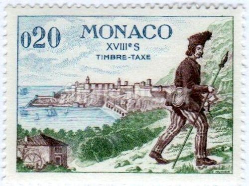 марка Монако 0,20 франка "Postman on foot (18th cent.)" 1960 год