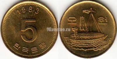 монета Южная Корея 5 вон 1983 год
