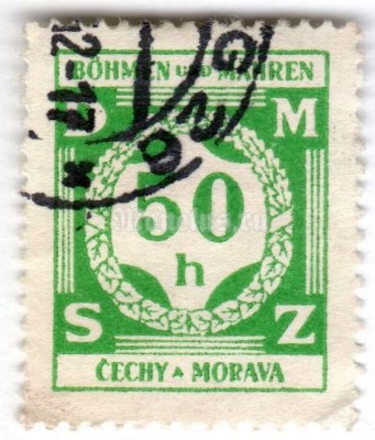 марка Богемия и Моравия 50 геллер "Value in a laurel wreath" 1941 год Гашение