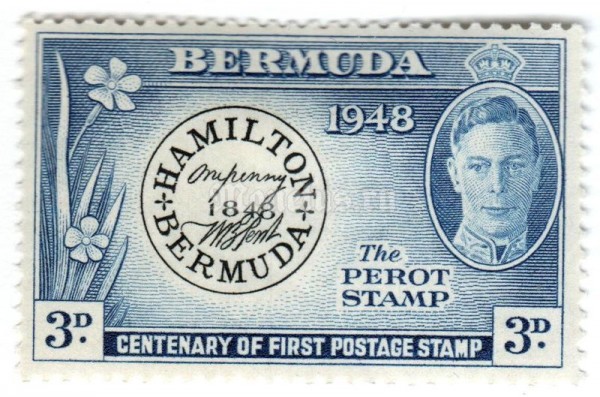 марка Бермудские острова 3 пенни "Postmaster stamp of 1848" 1949 год 