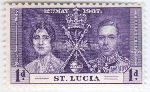марка Сент-Люсия 1 пенни "King George VI and Queen Elizabeth I" 1937 год