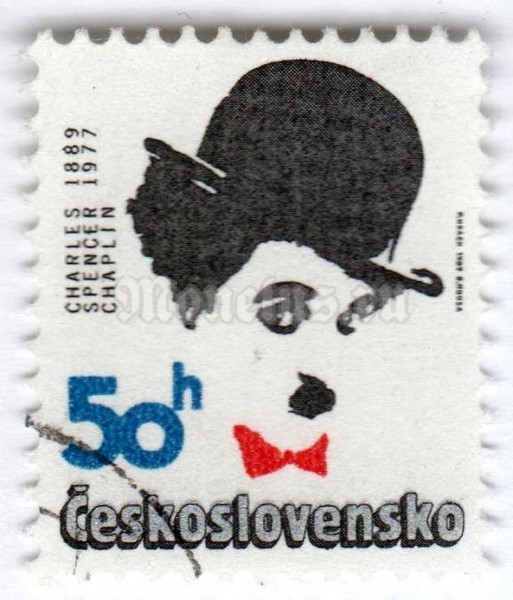 марка Чехословакия 50 геллер "Charlie Chaplin (1889-1977)" 1989 год Гашение