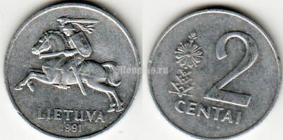 Монета Литва 2 цента 1991 год