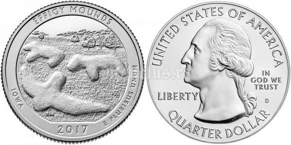 Монета США 25 центов 2017 год штат Айова Национальный памятник Эффиджи-Маундз, 36-й