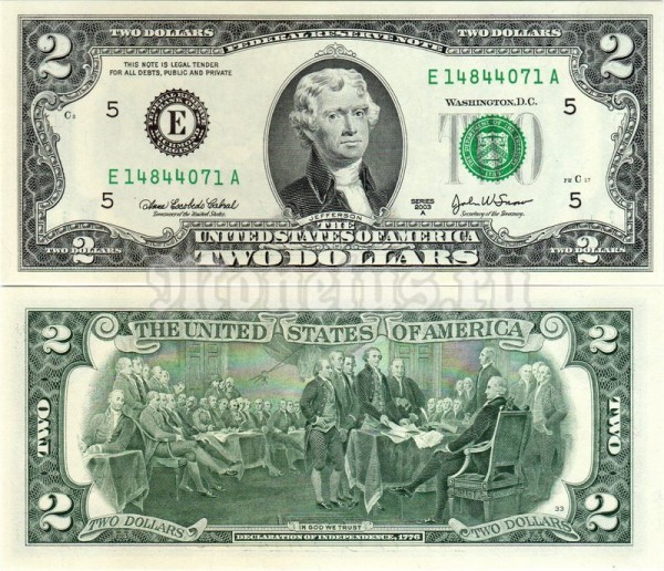 банкнота США 2 доллара 2003 год E