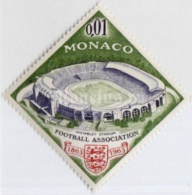 марка Монако 0,01 франка "Wembley Stadium; Emblem of the English Football Association" 1963 год