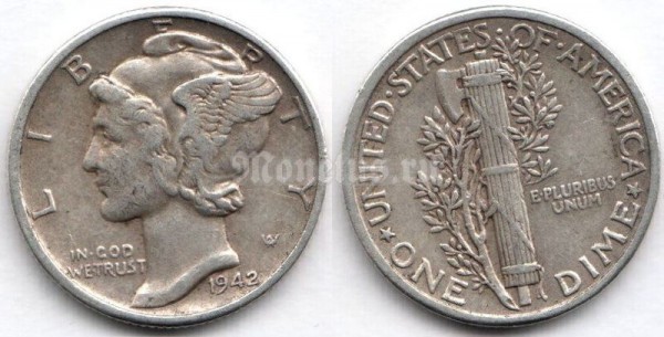 монета США 10 центов (1 дайм) 1942 год - Mercury Dime