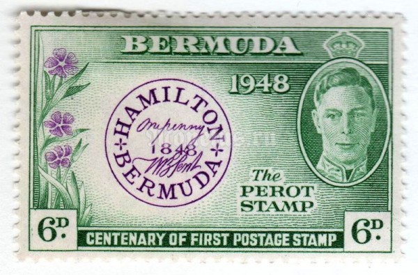 марка Бермудские острова 6 пенни "Postmaster stamp of 1848" 1949 год 