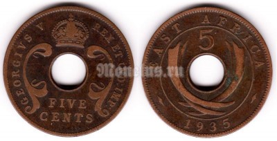 монета Британская Восточная Африка 5 центов 1935 год