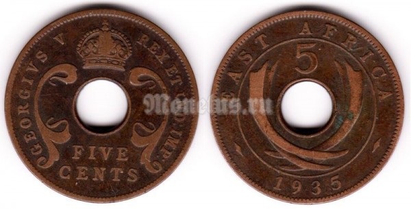 монета Британская Восточная Африка 5 центов 1935 год
