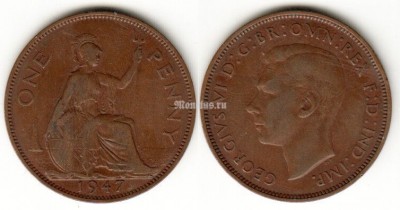 Монета Великобритания 1 пенни 1947 год