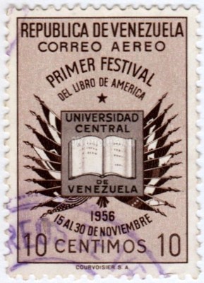 марка Венесуэла 10 сентимо "Book And Flag From American Countrys" 1957 год гашение