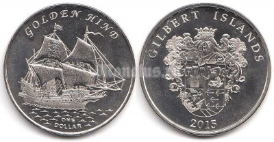 Монета Острова Гилберта 1 доллар 2015 год Английский галеон Golden Hind